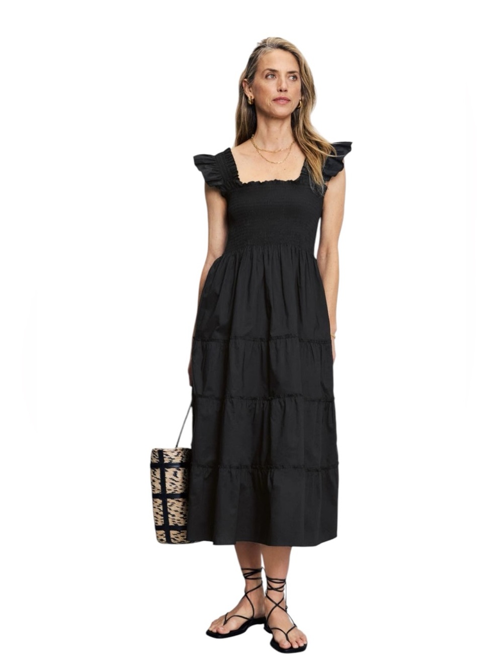Hill House Black Smocked Tiered Midi Dress with Ruffle Straps